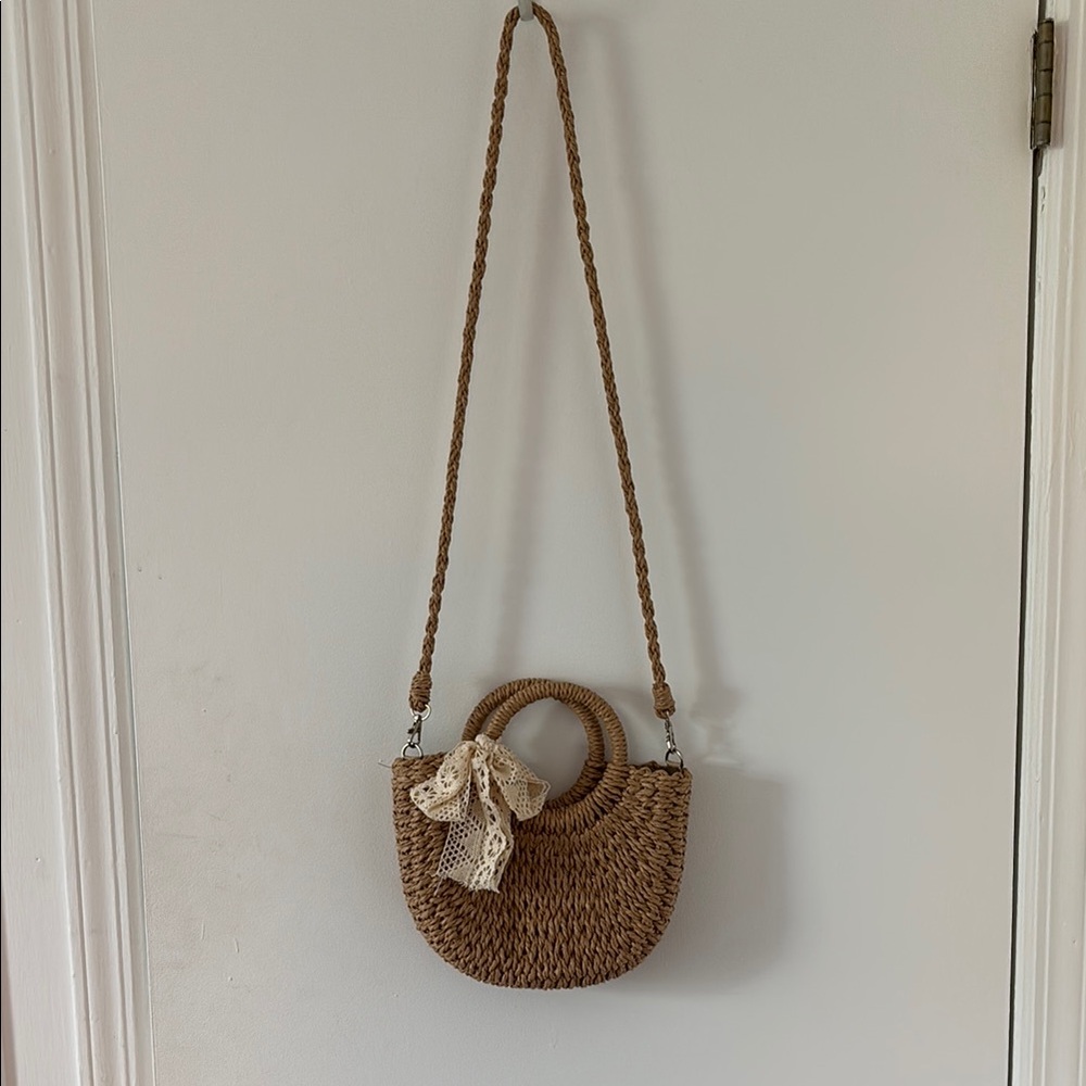 Spring Ready 🌸: Cottagecore Brown Woven Handbag with Lace Accent NWOT